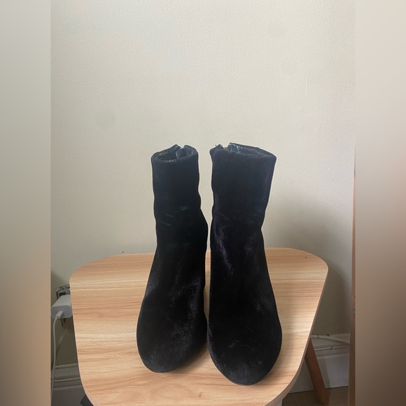 Velvet material black high heel booties. - Picture 2 of 5